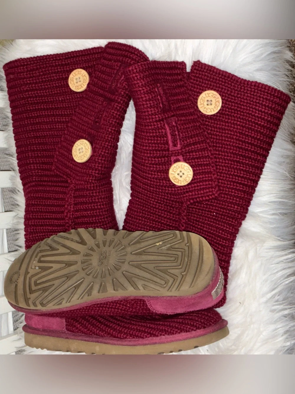 UGG Cardy Knit Boots Womens Burgundy Red Button Tall High Sz 8